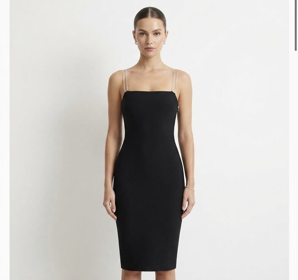 Rose Dress Women S Black Midi Dress Rhinestone Straps Bodycon Cocktail Party